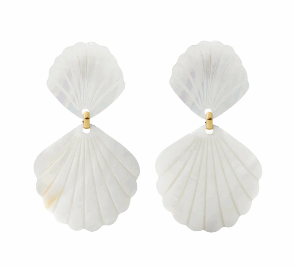 white shell dangly earrings with small shell on top and larger one on the bottom